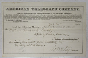 American Telegraph Company telegram from John Jay to William Cauldwell