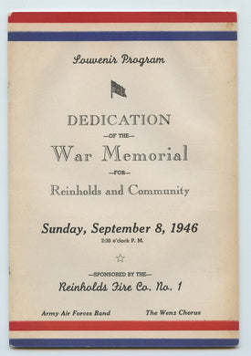Souvenir Program, Dedication of the War Memorial for Reinholds and Community, Sunday, September 8, 1946