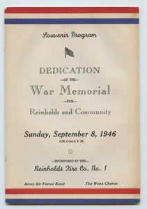 Souvenir Program, Dedication of the War Memorial for Reinholds and Community, Sunday, September 8, 1946