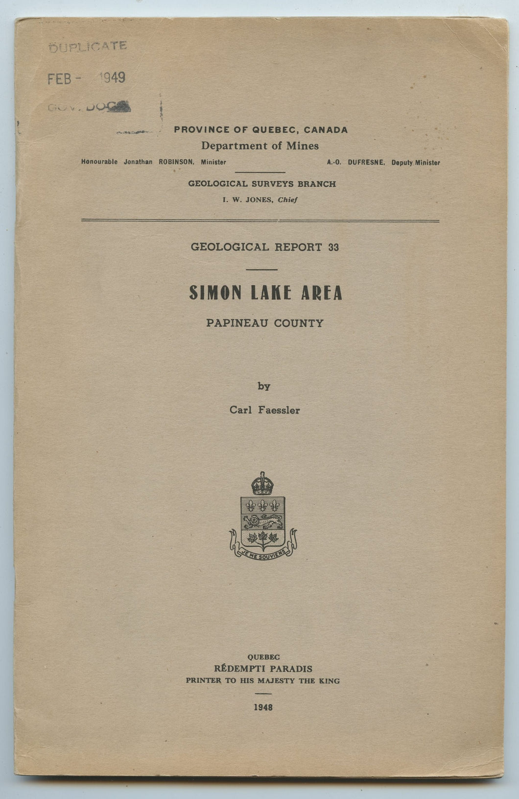 Geological Report 33. Simon Lake Area, Papineau County