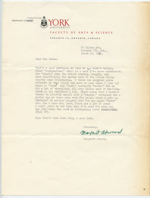 Letter to Ron Bates from Margaret Atwood, 1972
