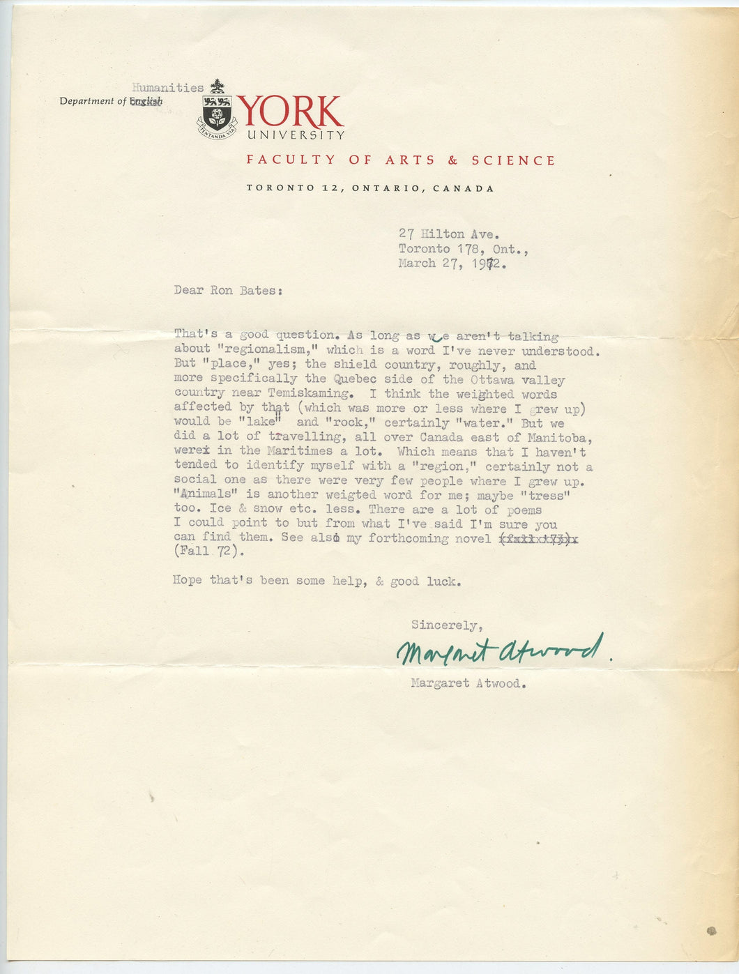 Letter to Ron Bates from Margaret Atwood, 1972