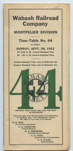 Wabash Railroad Company Montpelier Division Time-Table No. 44, In Effect Sunday, Sept. 28, 1952