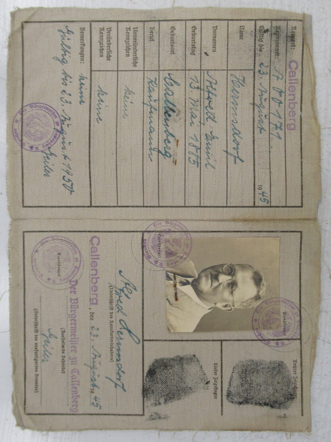 Kenncarte (iIdentification document) for Alfred Emil Hermsdorf