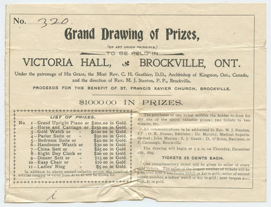 Advertisement for Grand Drawing of Prizes, Victoria Hall, Brockville