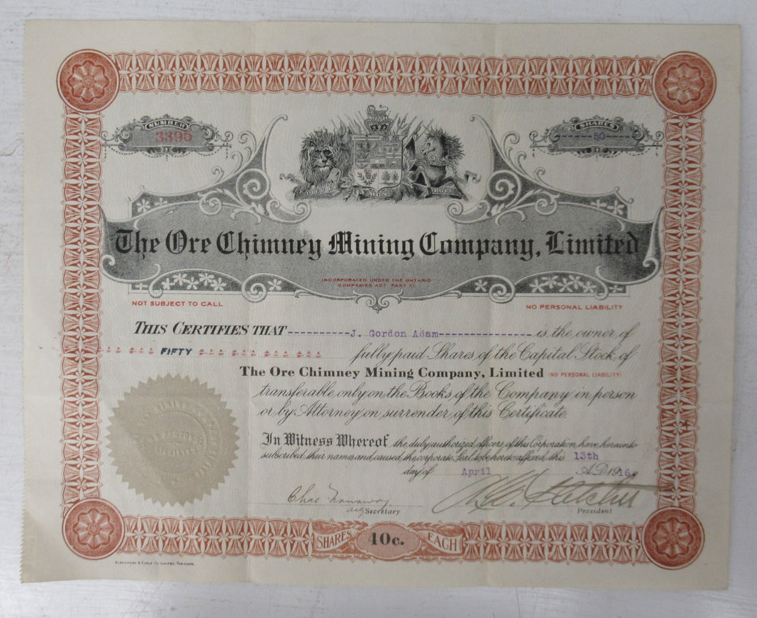The Ore Chimney Mining Company, Limited stock certificate