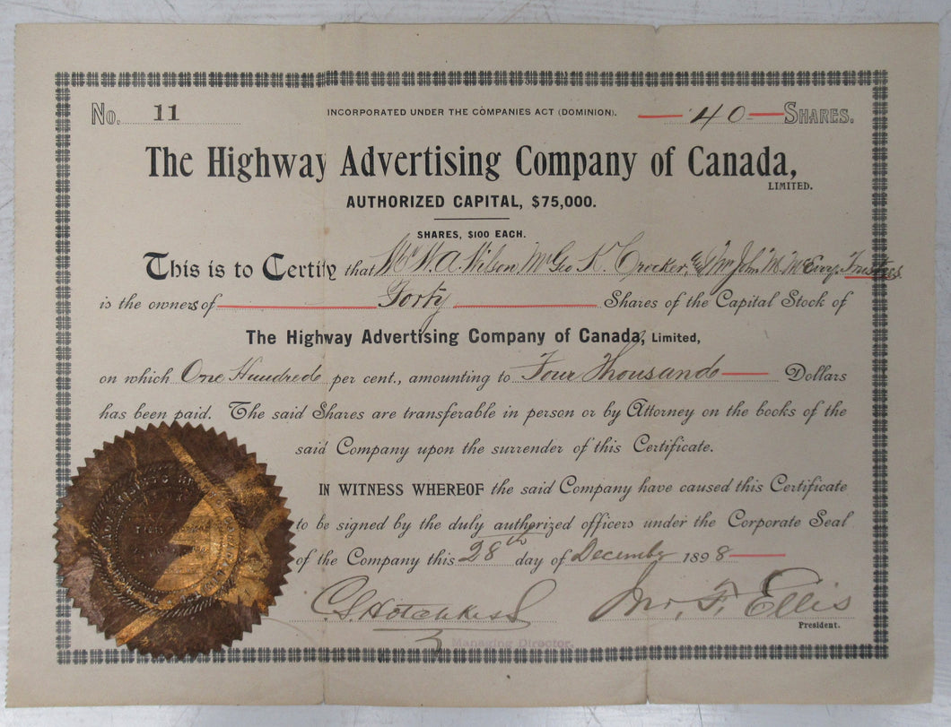 The Highway Advertising Company of Canada stock certificate