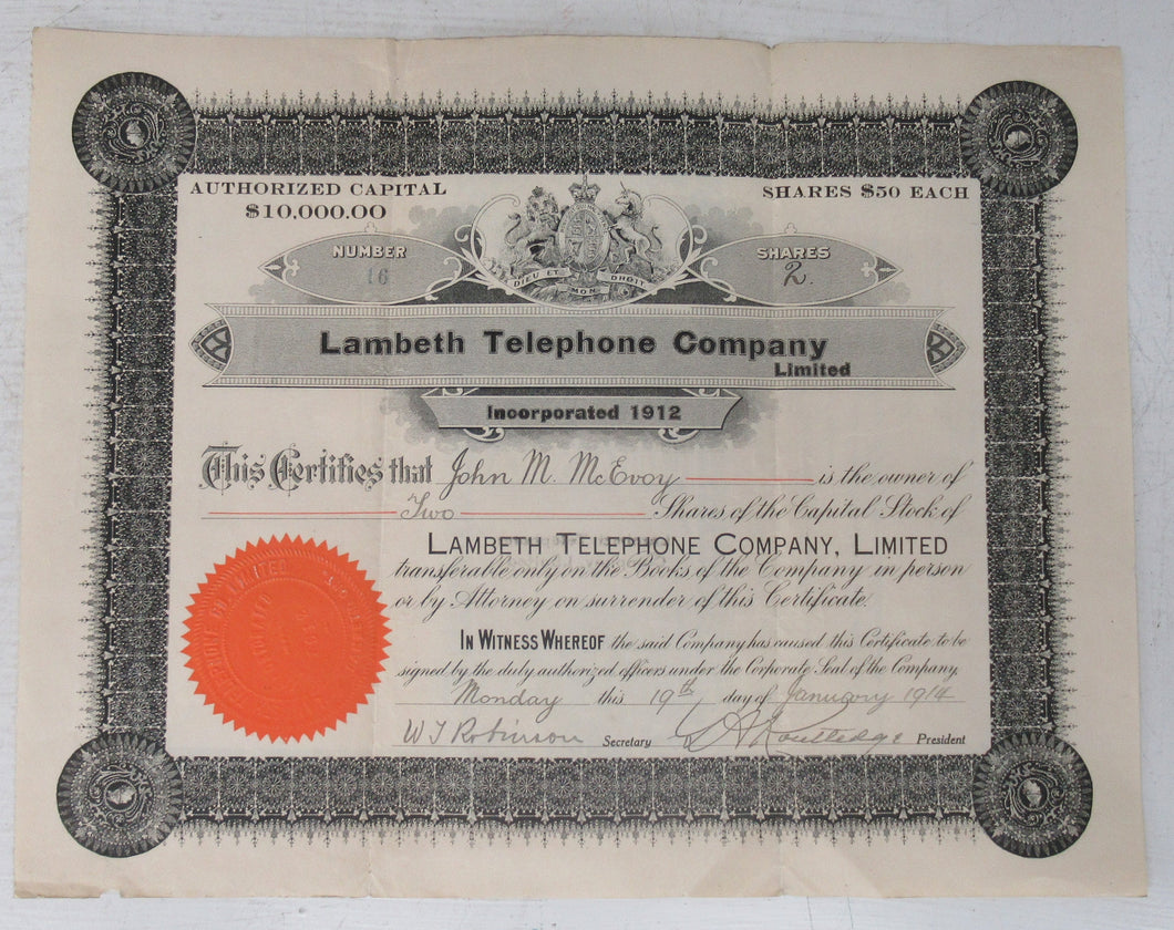 Lambeth Telephone Company stock certificate