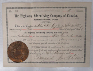 The Highway Advertising Company of Canada stock certificate