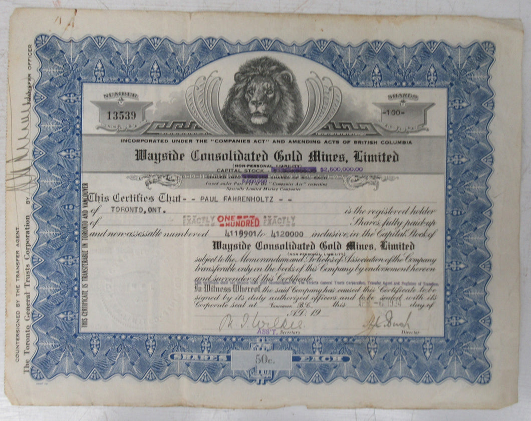 Wayside Consolidated Gold Mines stock certificate
