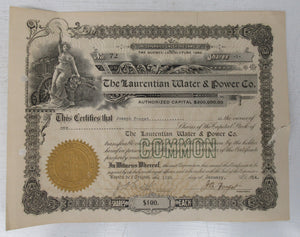 The Laurentian Water & Power Co. stock certificate