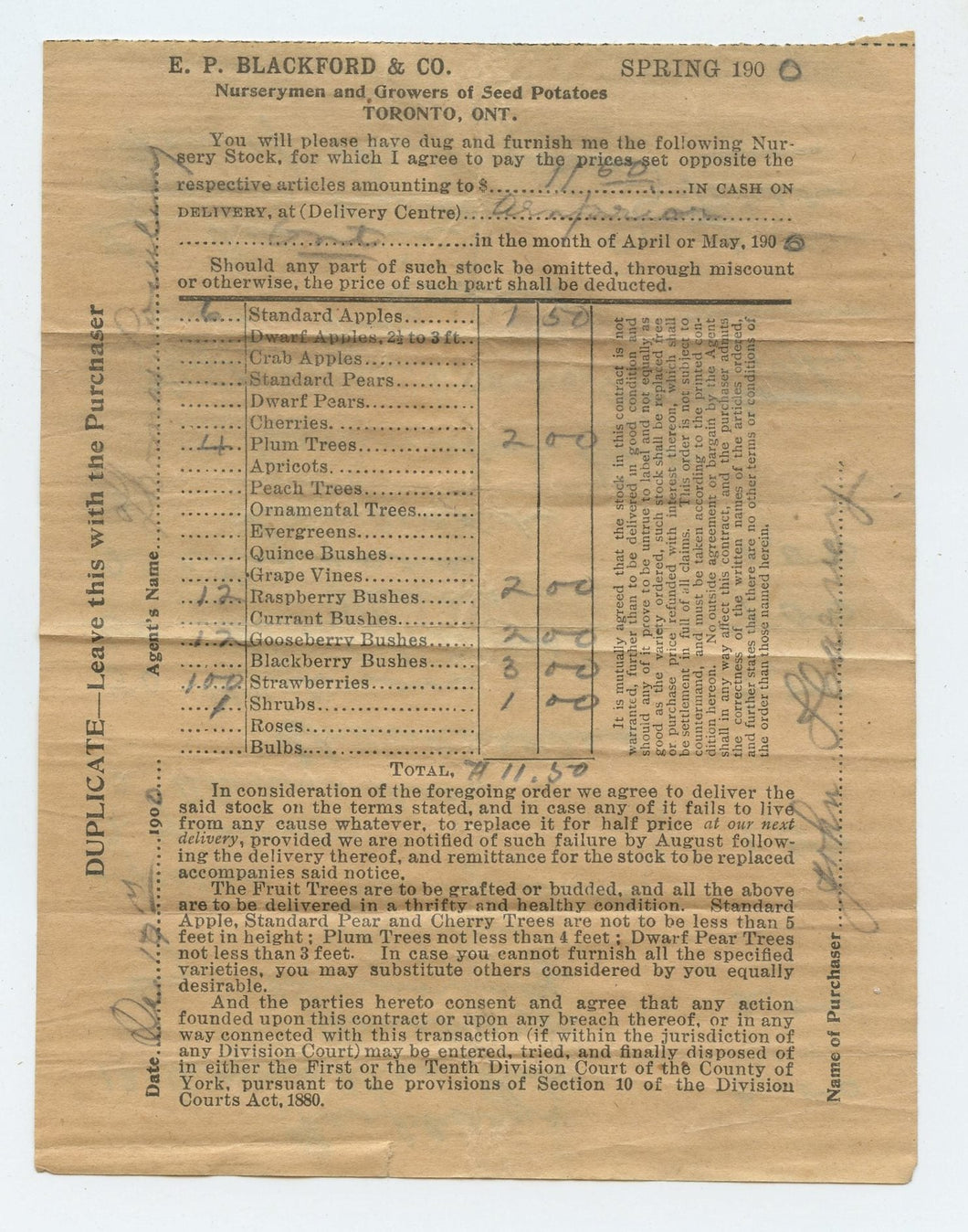 E. P. Blackford & Co. Nurserymen order form 