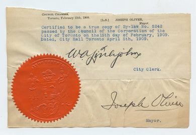 City of Toronto seal, signed by Mayor  Joseph Oliver, 1909