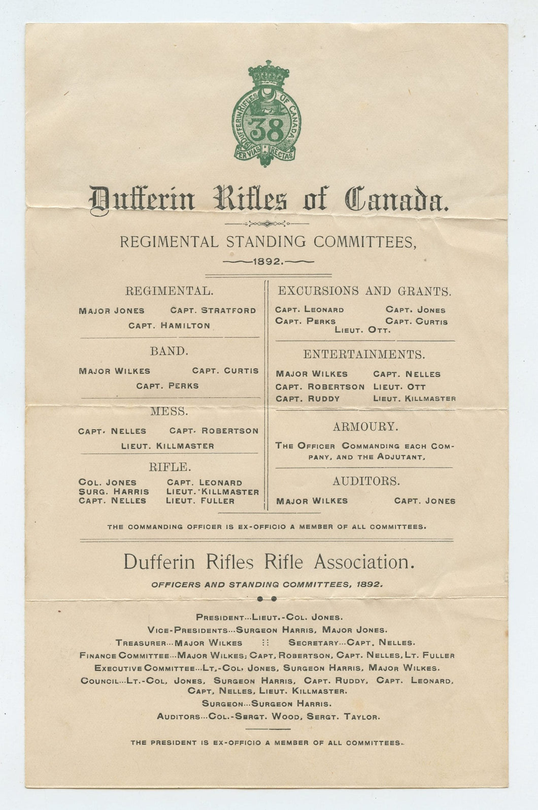 Dufferin Rifles of Canada Regimental Standing Committees, 1892