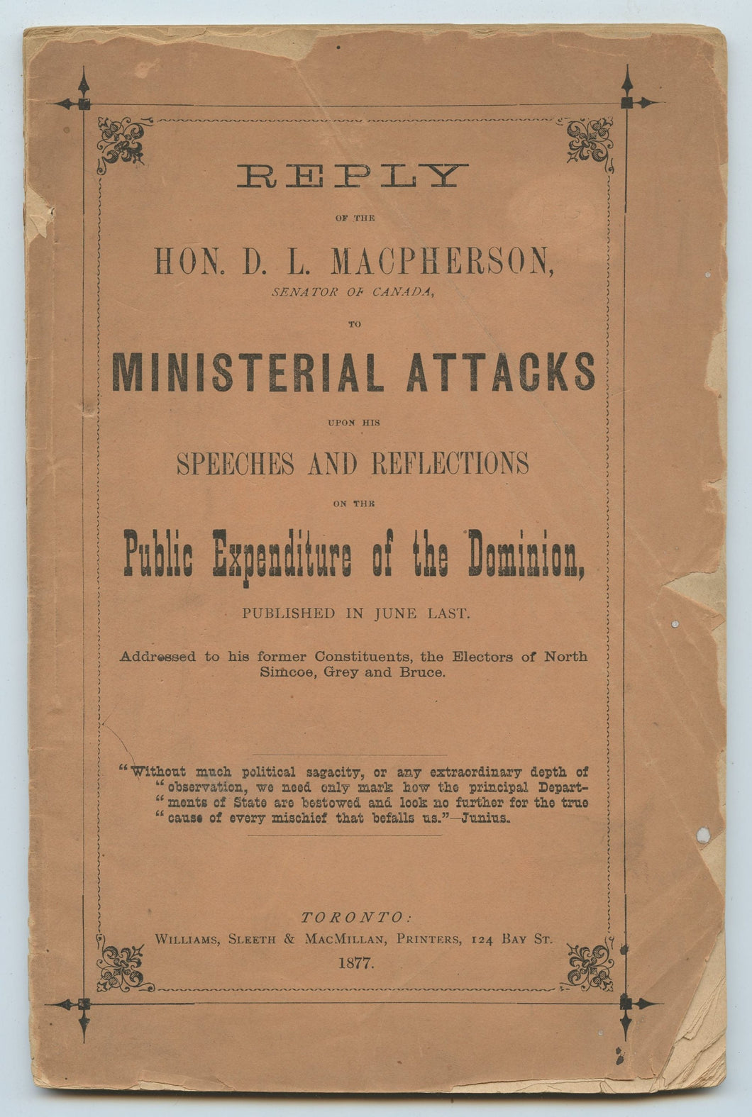 Reply of the Hon. D. L. Macpherson, Senator of Canada,