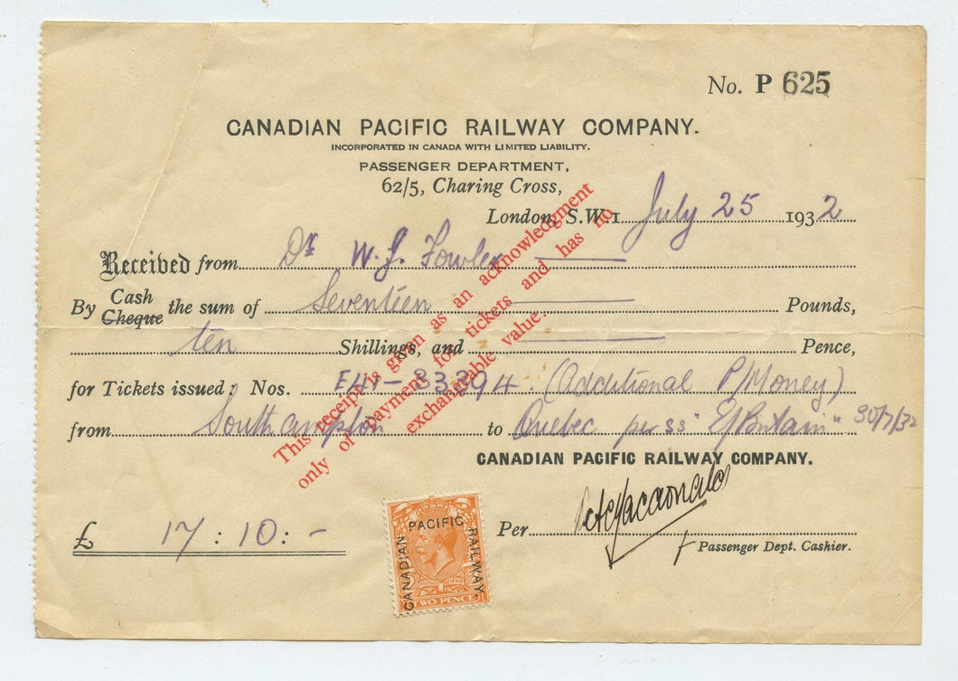 Canadian Pacific Railway ticket receipt