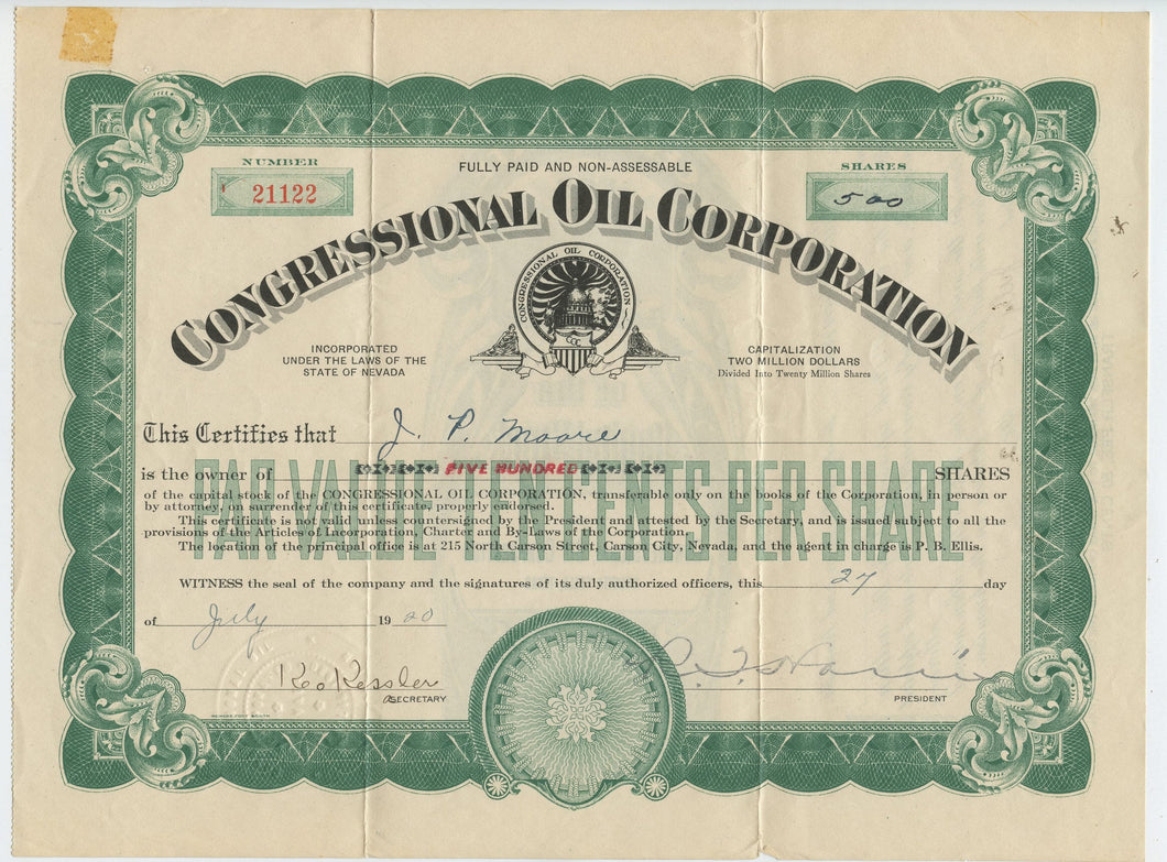 Congressional Oil stock certificate