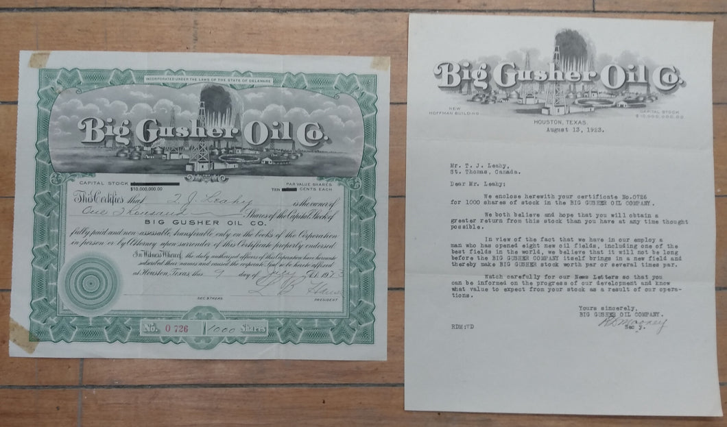Big Gusher Oil stock certificate