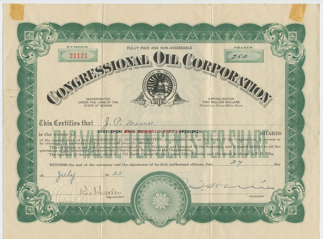 Congressional Oil stock certificate