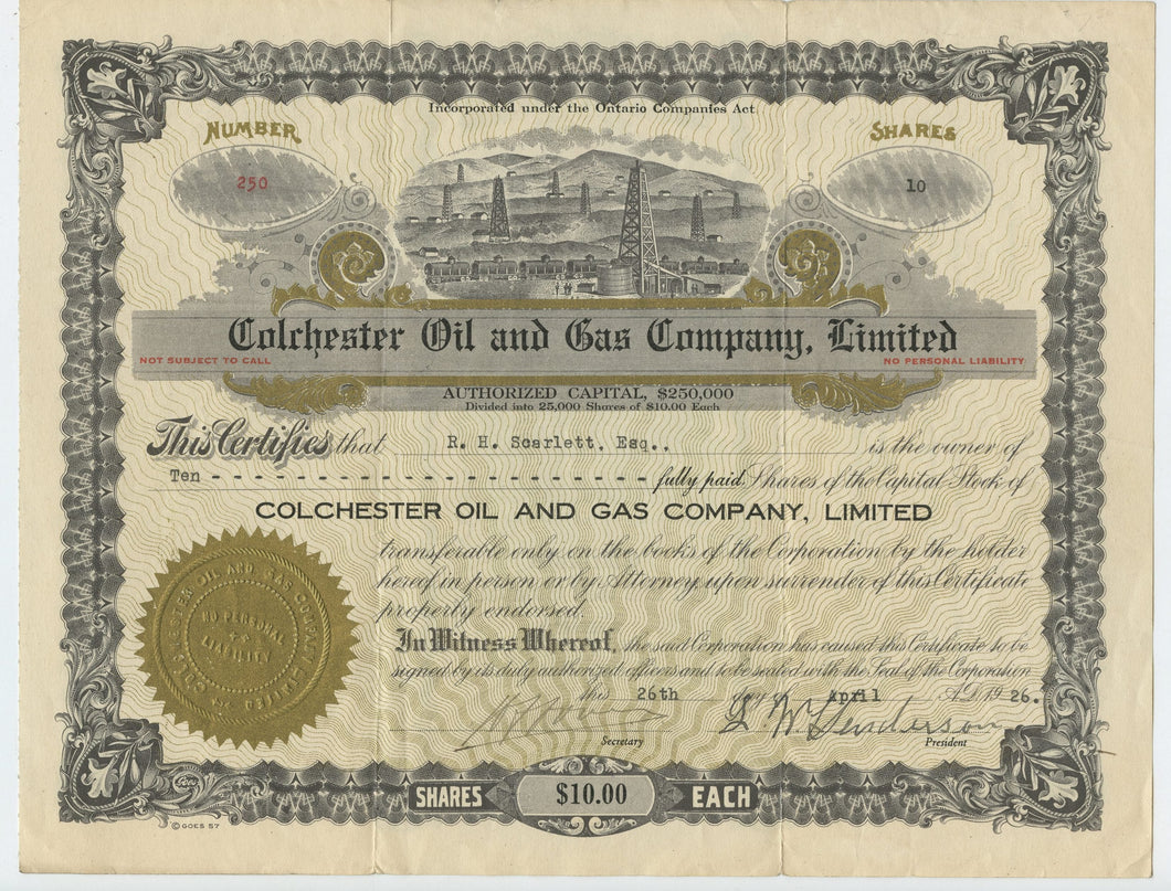 Colchester Oil and Gas stock certificate