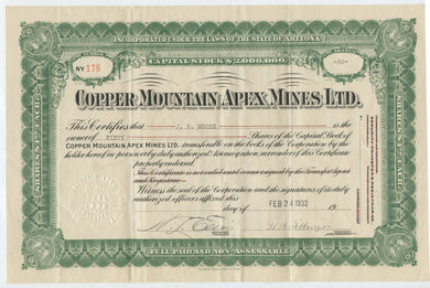 Copper Mountain Apex Mines stock certificate