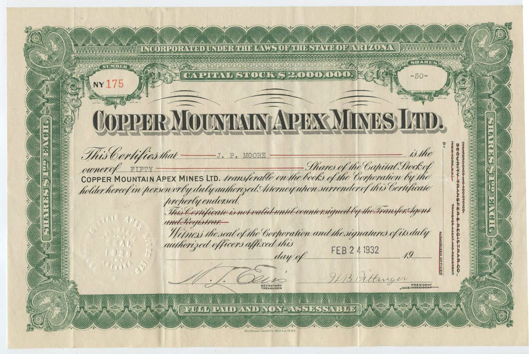 Copper Mountain Apex Mines stock certificate