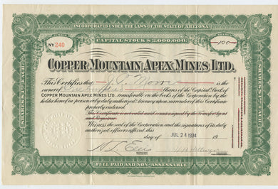 Copper Mountain Apex Mines stock certificate