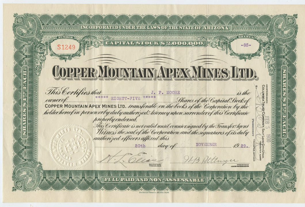 Copper Mountain Apex Mines stock certificate