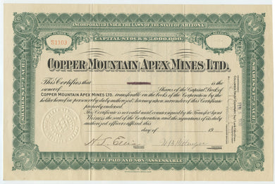 Copper Mountain Apex Mines stock certificate
