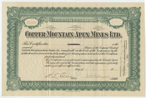 Copper Mountain Apex Mines stock certificate