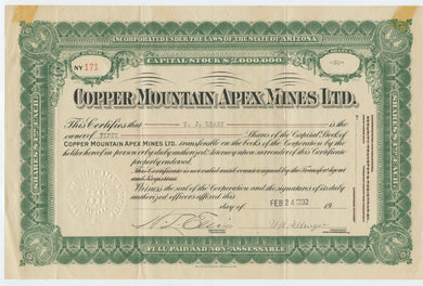 Copper Mountain Apex Mines stock certificate