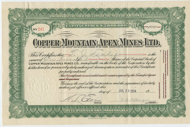 Copper Mountain Apex Mines stock certificate