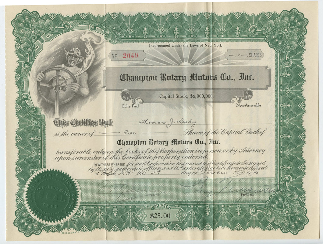 Champion Rotary Motors stock certificate