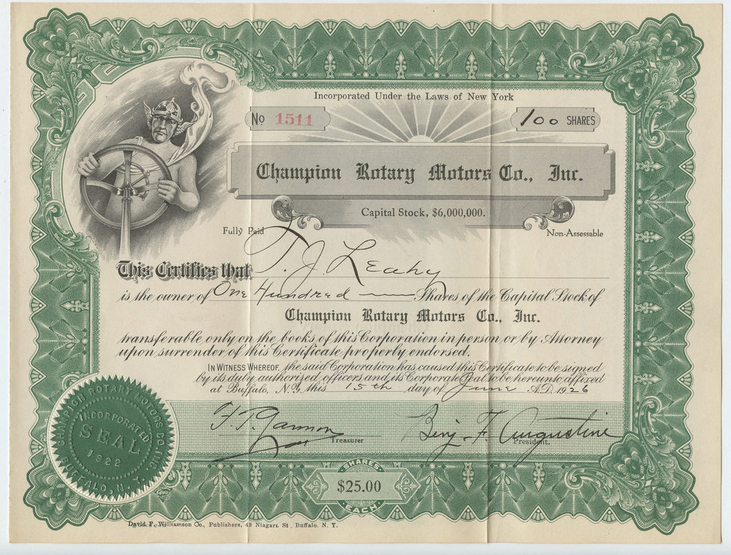 Champion Rotary Motors stock certificate