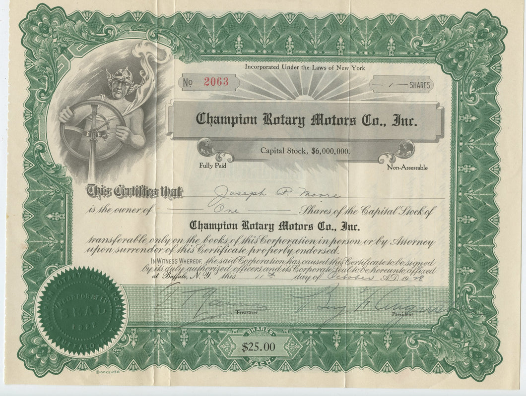 Champion Rotary Motors stock certificate