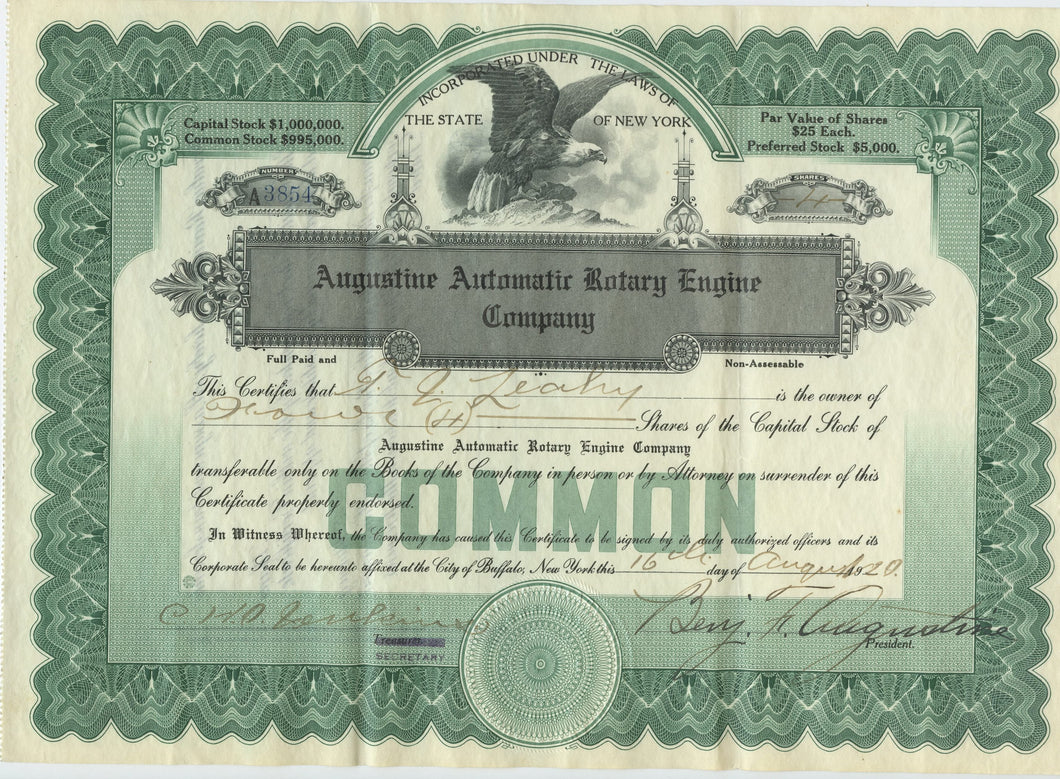 Augustine Automatic Rotary Engine stock certificate