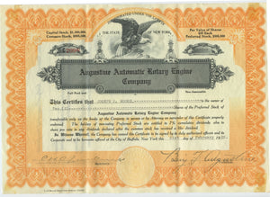 Augustine Automatic Rotary Engine stock certificate