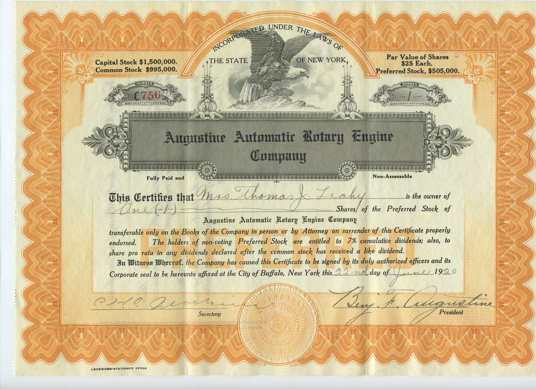 Augustine Automatic Rotary Engine stock certificate