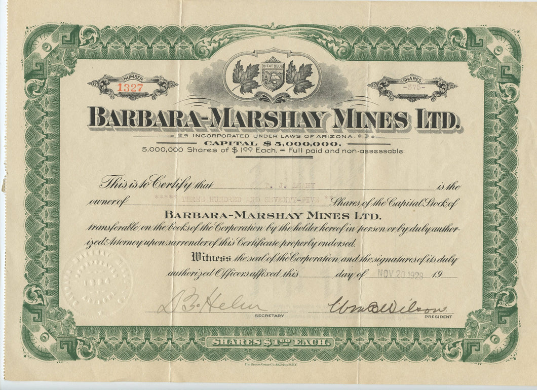 Barbara-Marshay Mines stock certificate