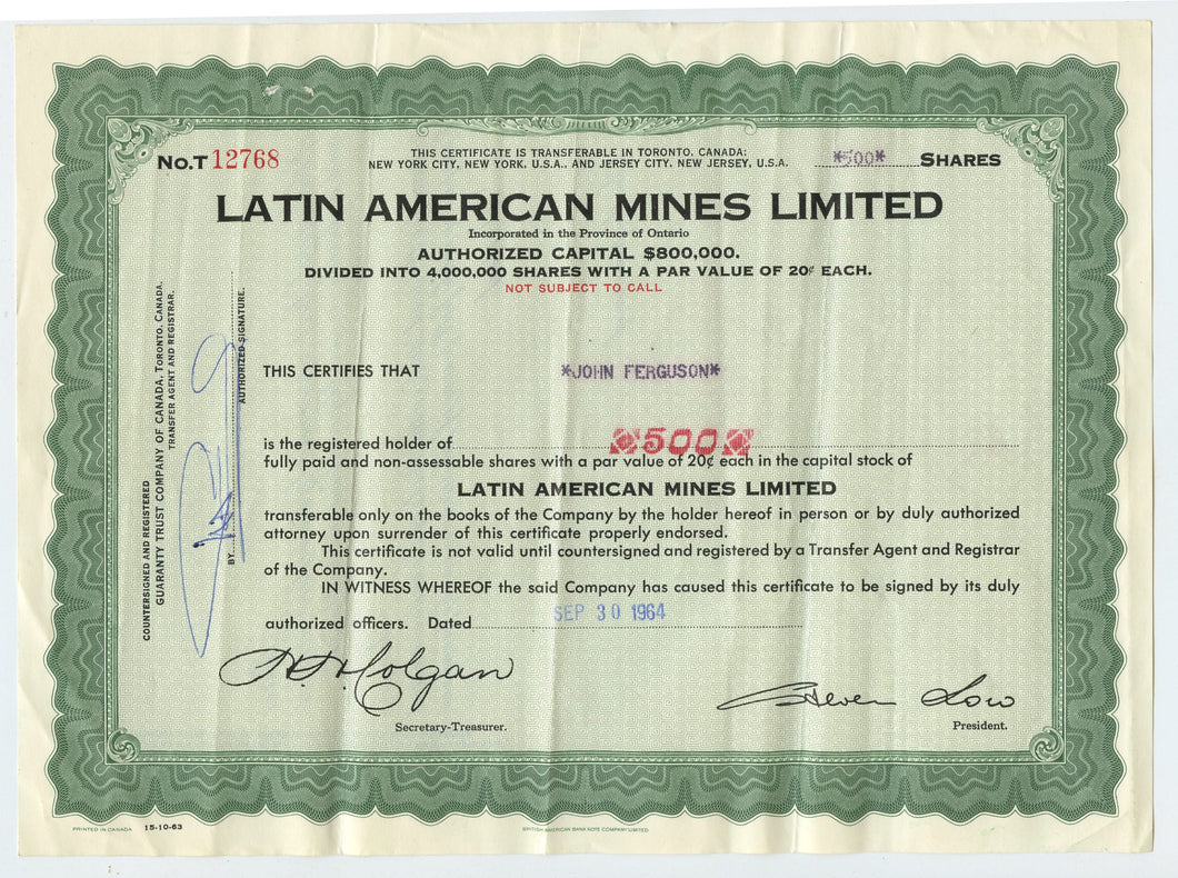 Latin American Mines stock certificate