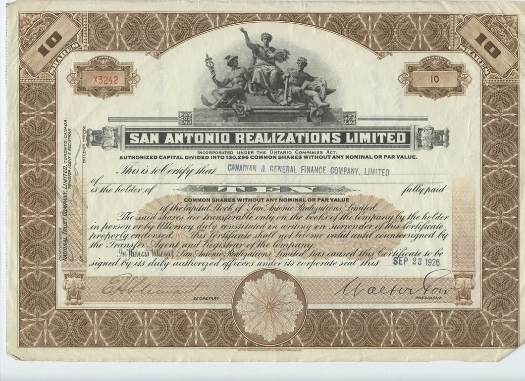 San Antonio Realizations stock certificate