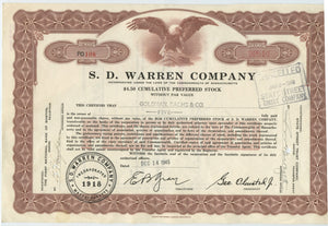 S. D. Warren stock certificate