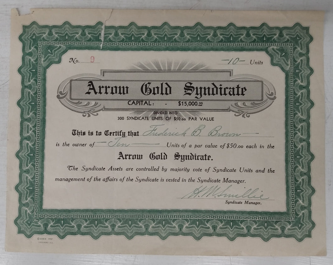 Arrow Gold Syndicate stock certificate