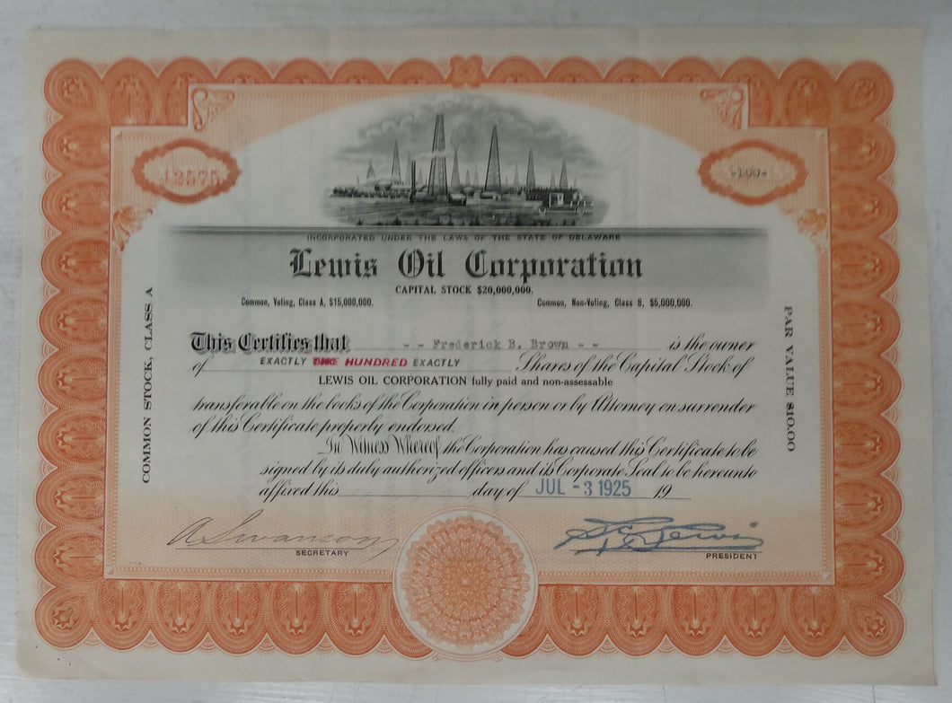 Lewis Oil Corporation stock certificate