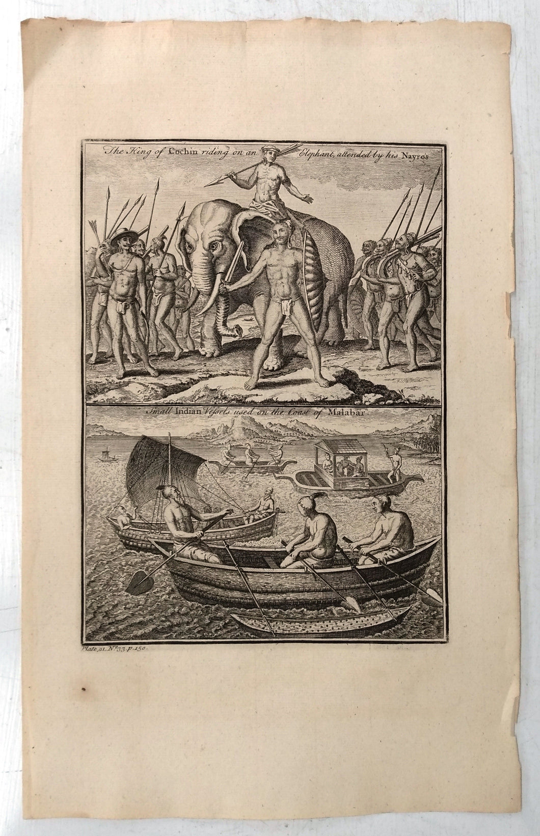 The King of Cochin riding on an Elephant attended by his Nayro's; Small Indian Vessels used on the Coast of Malabar