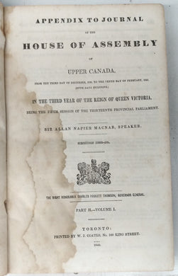 Appendix to Journal of the House of Assembly of Upper Canada, From the Third Day of December, 1839, to the Tenth Day of February, 1840