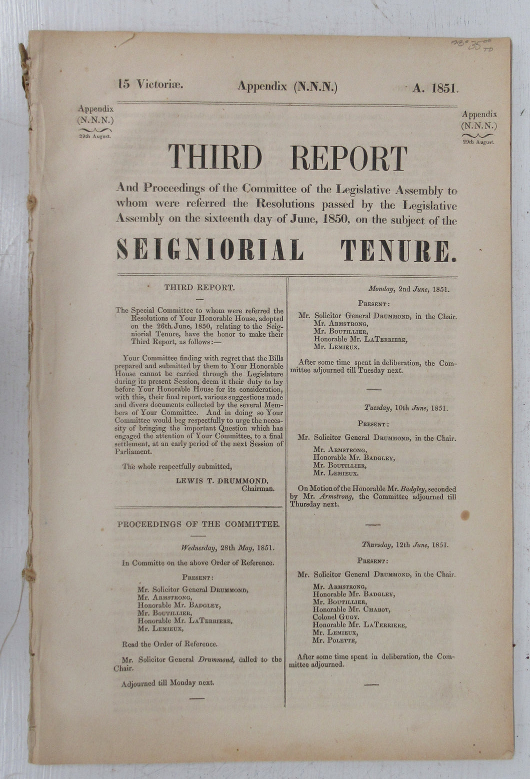 Third Report And Proceedings of the Committee of the Legislative Assembly to whom were referred the Resolutions passed by the Legislative Assembly on the sixteenth day of June, 1850, on the subject of Seigniorial Tenure