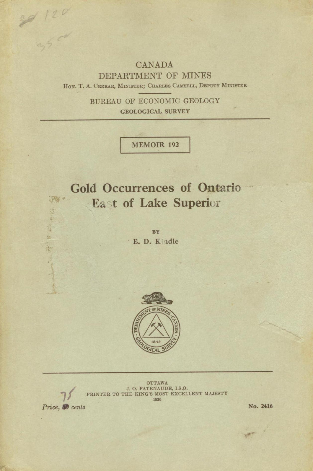 Gold Occurrences of Ontario East of Lake Superior